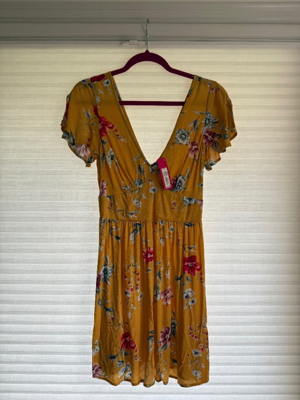Yellow V Neck Floral Mini Dress NWT